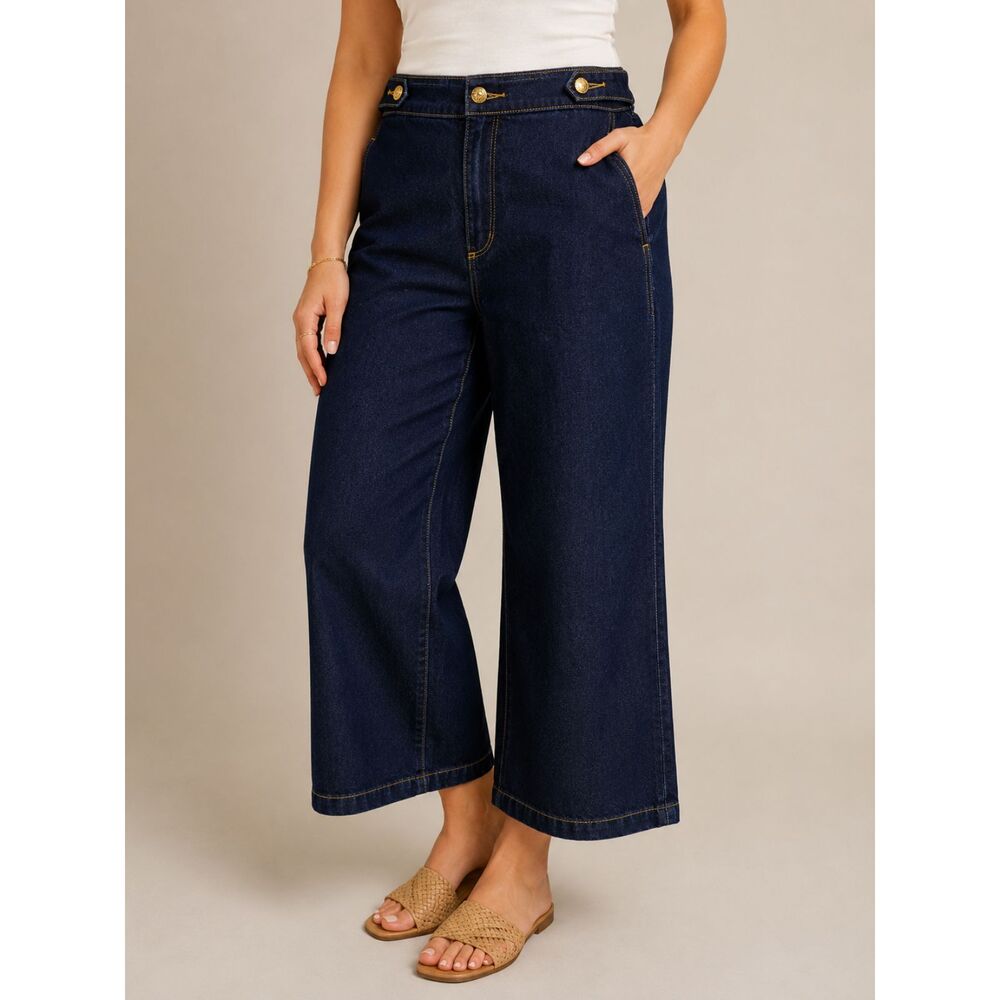 LOFT The Trouser‎ Wide Leg Cropped Denim Jeans 29P Petite Dark Wash Gold Button